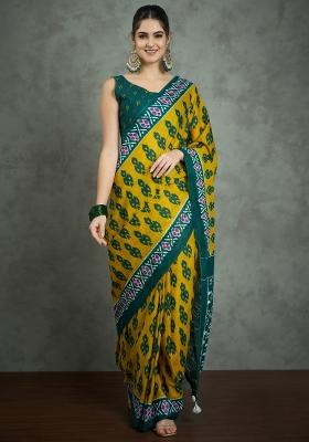 Mustard Printed Cotton Saree Set