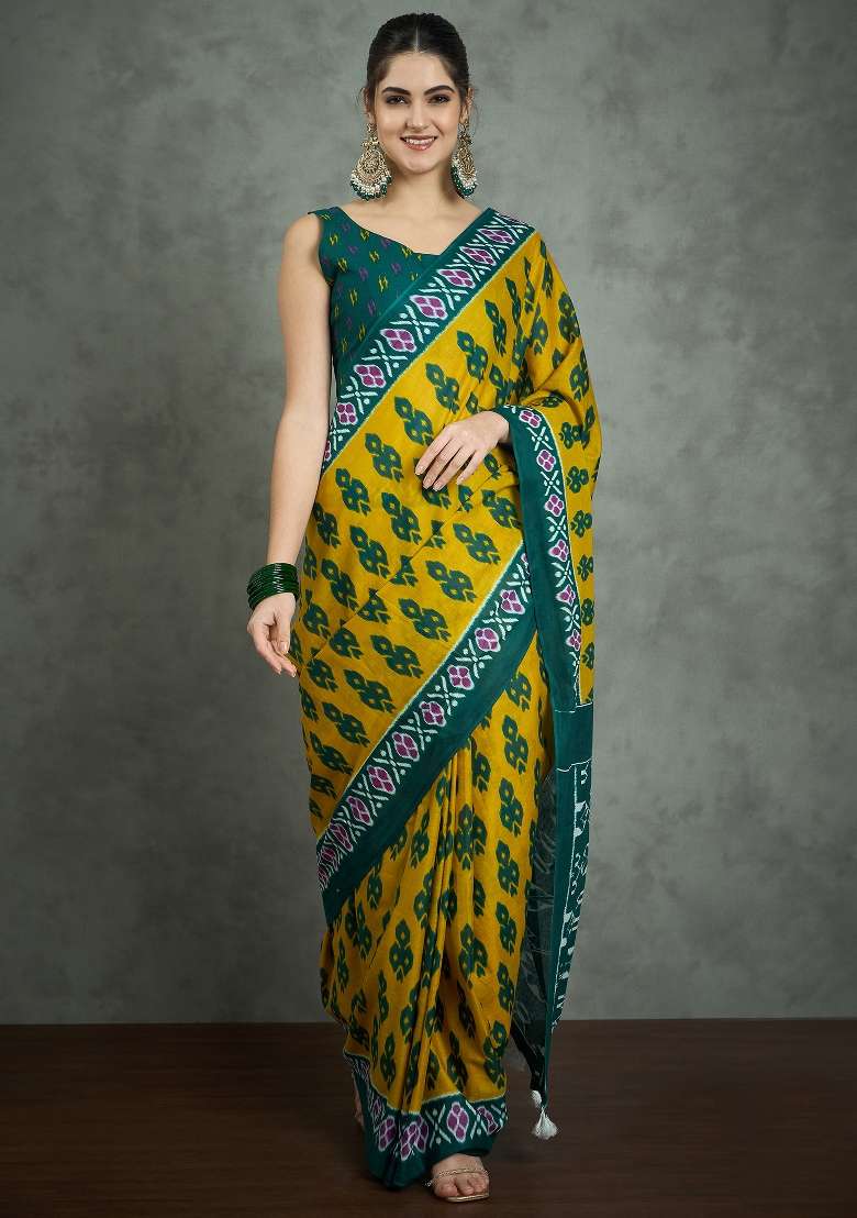 Mustard Printed Cotton Saree Set - Indya