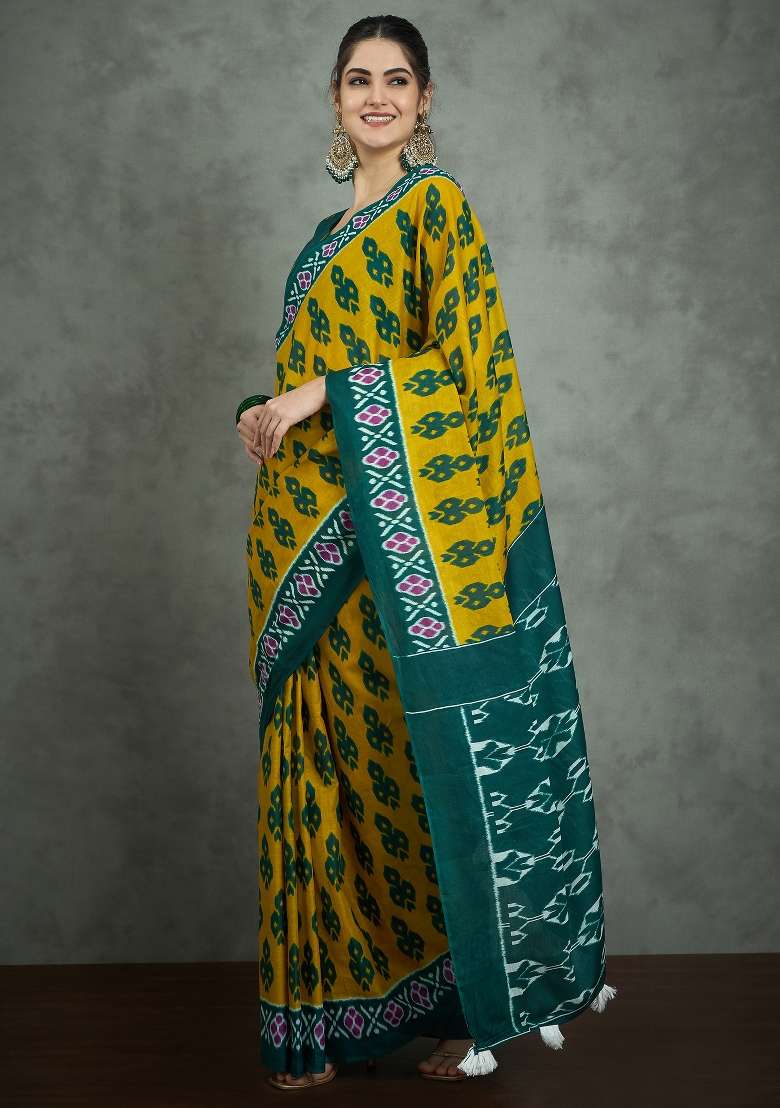 Mustard Printed Cotton Saree Set - Indya