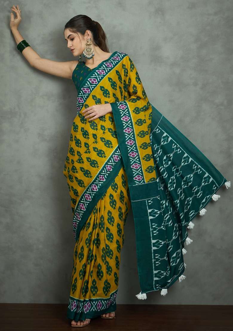 Mustard Printed Cotton Saree Set - Indya