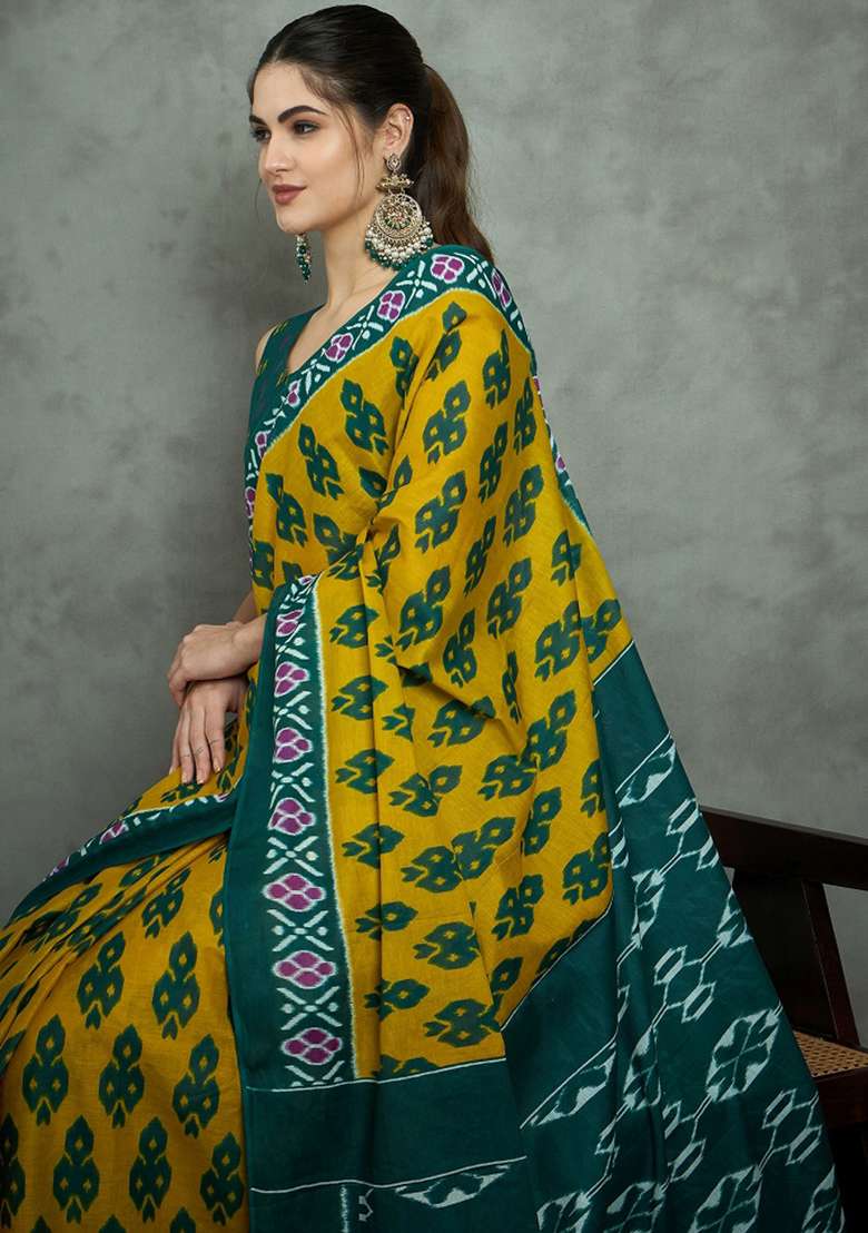 Mustard Printed Cotton Saree Set - Indya
