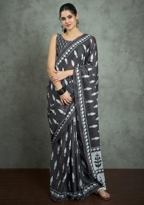 Grey Printed Cotton Saree Set