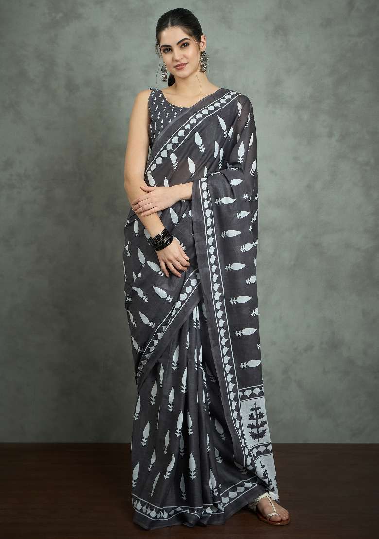 Grey Printed Cotton Saree Set for Diwali and Festive Wear - Indya