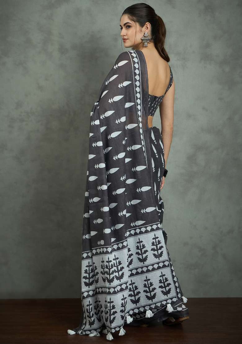 Grey Printed Cotton Saree Set for Diwali and Festive Wear - Indya