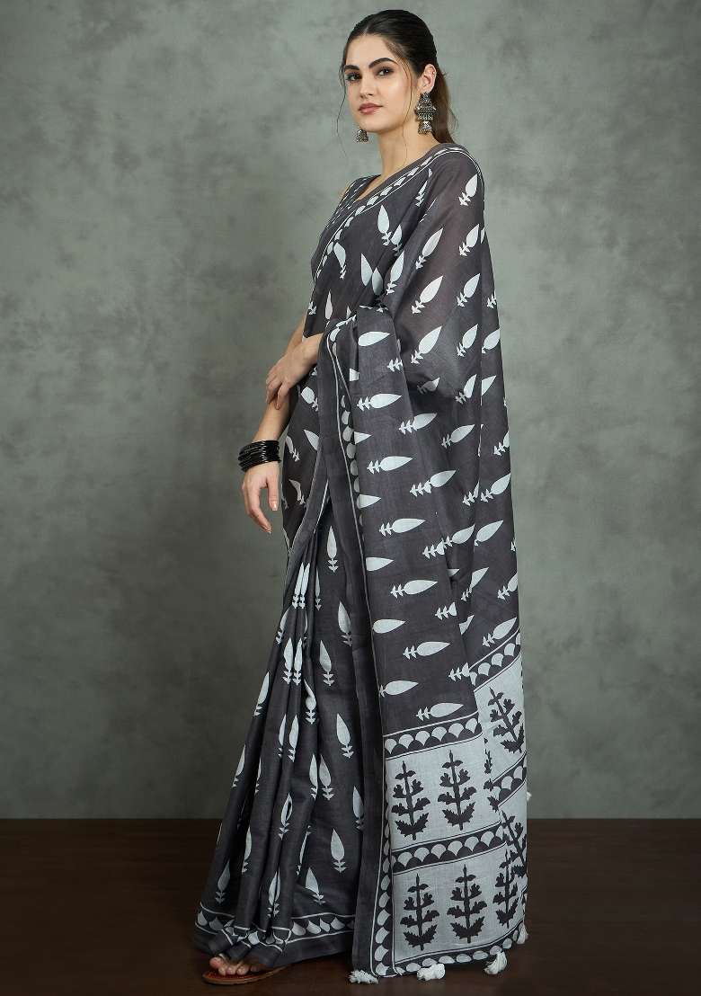 Grey Printed Cotton Saree Set for Diwali and Festive Wear - Indya