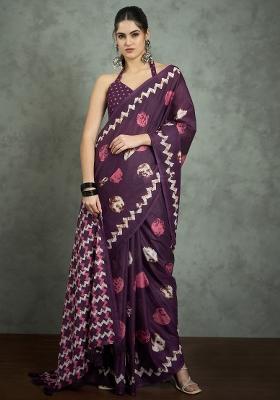 Purple Printed Cotton Saree Set