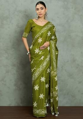 Olive Printed Cotton Saree Set