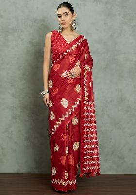 Red Printed Cotton Saree Set