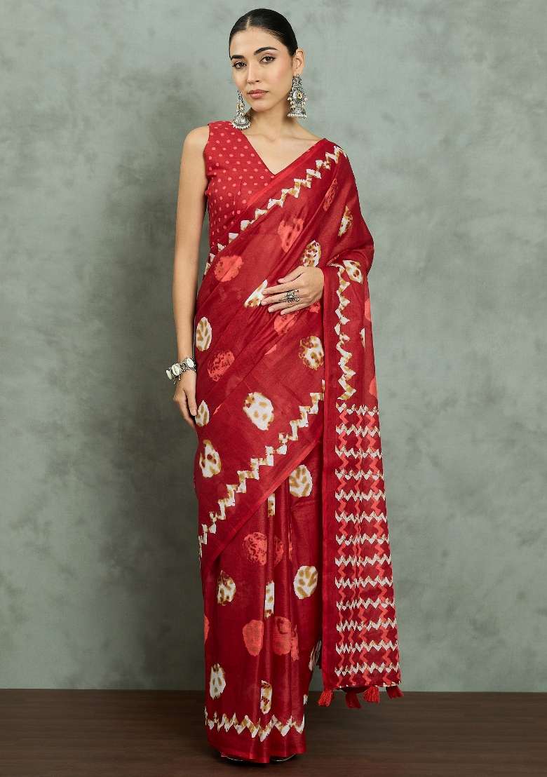 Red Printed Cotton Saree Set - Indya