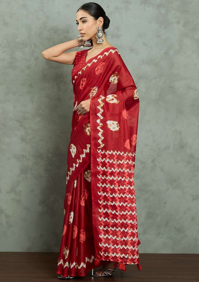 Red Printed Cotton Saree Set - Indya