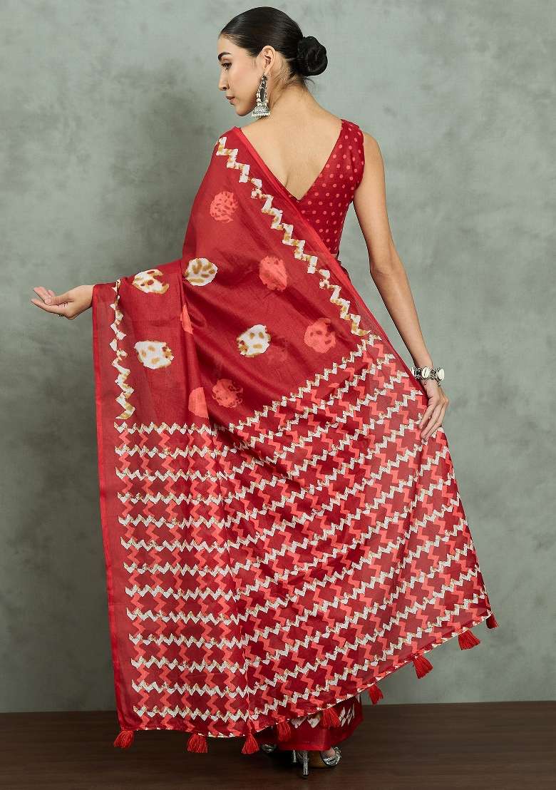 Red Printed Cotton Saree Set - Indya