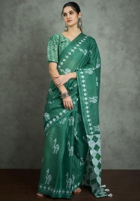 Teal Green Printed Cotton Saree Set