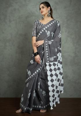 Grey Printed Cotton Saree Set