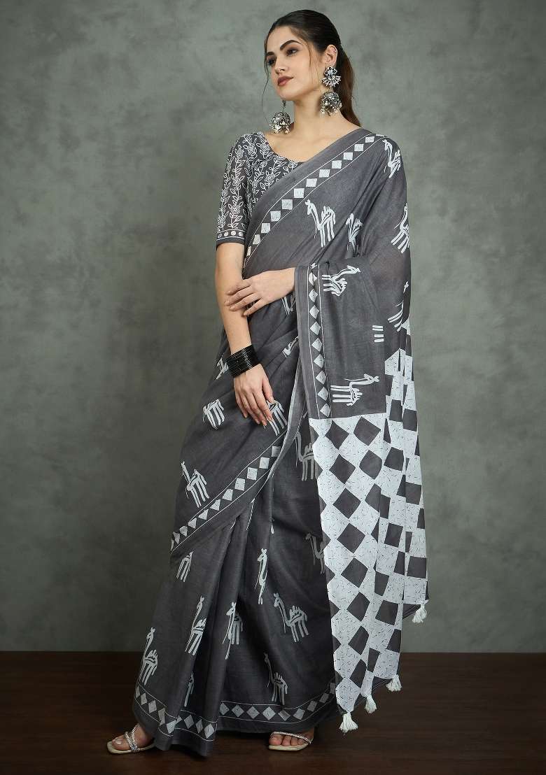 Grey Printed Cotton Saree Set for Diwali and Festive Wear - Indya