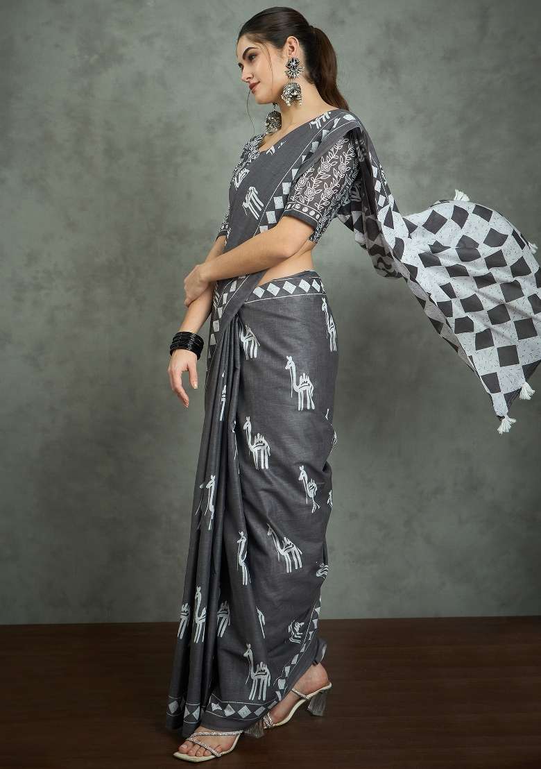 Grey Printed Cotton Saree Set for Diwali and Festive Wear - Indya