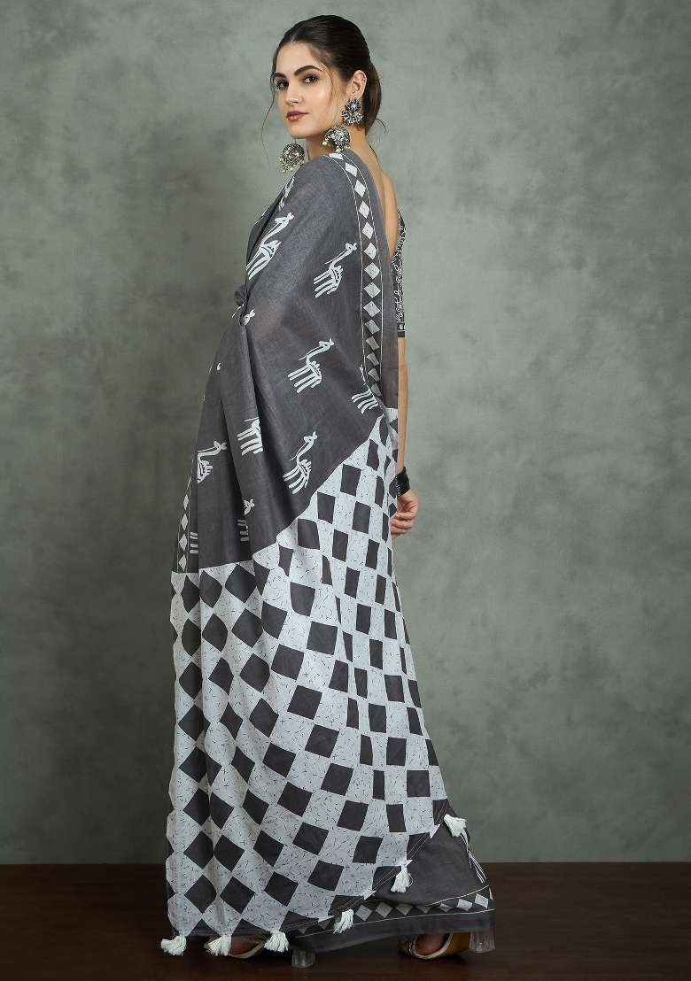 Grey Printed Cotton Saree Set for Diwali and Festive Wear - Indya