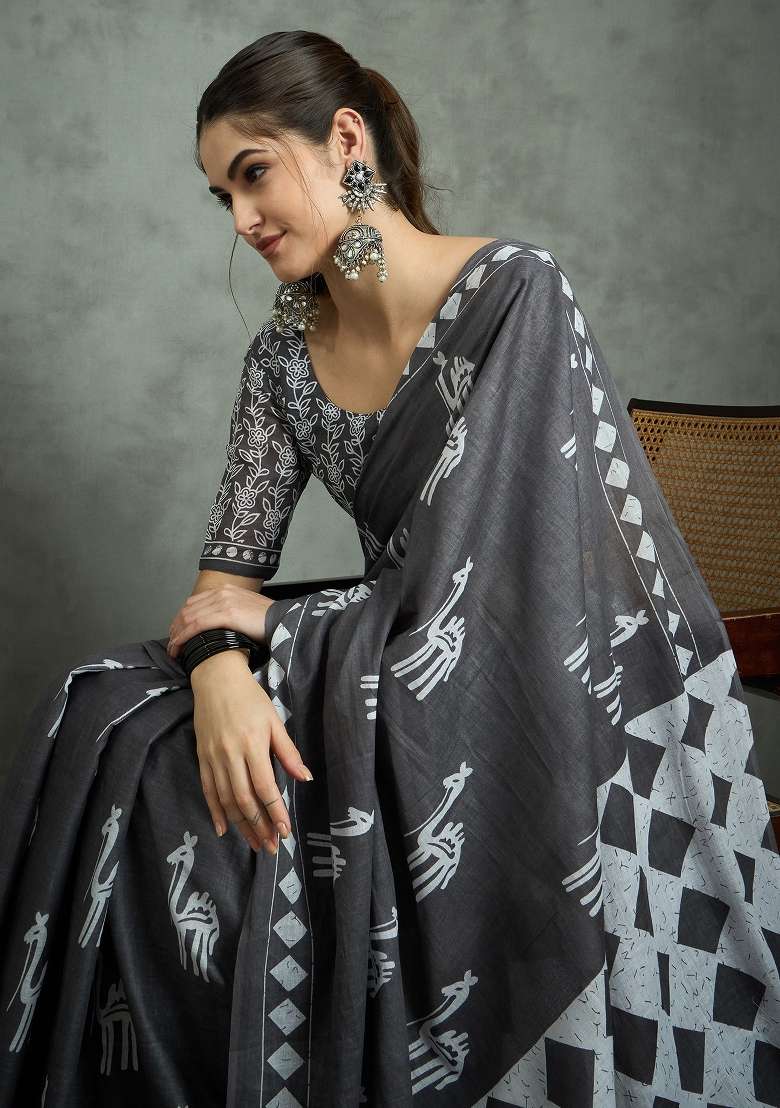 Grey Printed Cotton Saree Set for Diwali and Festive Wear - Indya