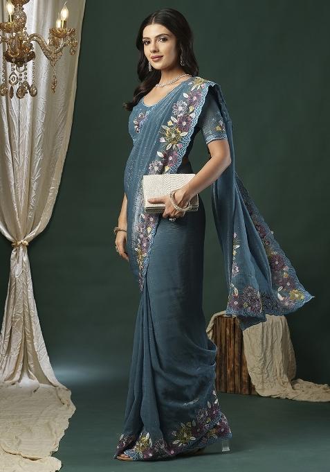 Blue Printed Paper Silk Saree Set — view on Indya