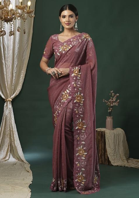 Mauve Printed Paper Silk Saree Set — view on Indya