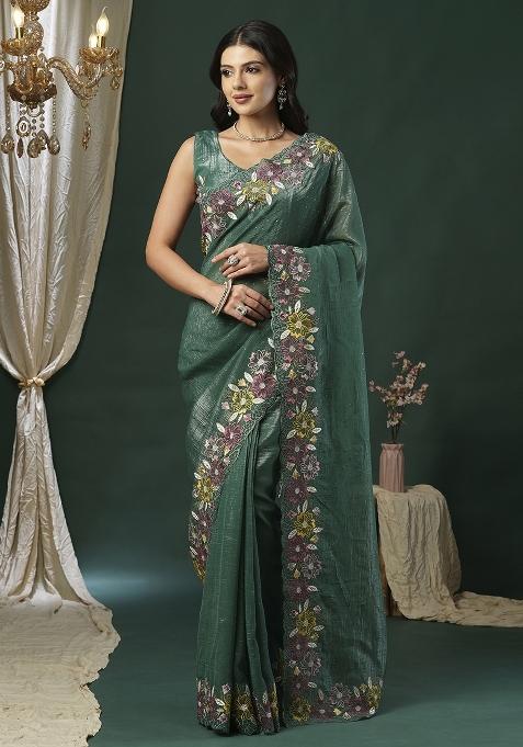 Sea Green Printed Paper Silk Saree Set — view on Indya