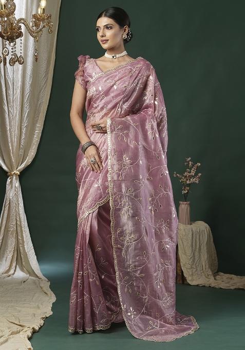 Mauve Printed Paper Silk Saree Set — view on Indya