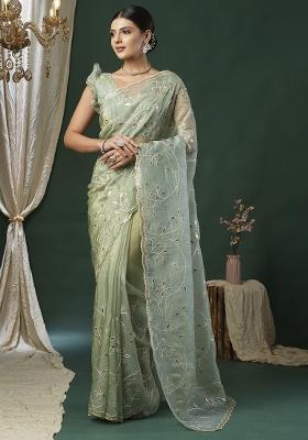Light Green Printed Paper Silk Blend Saree Set