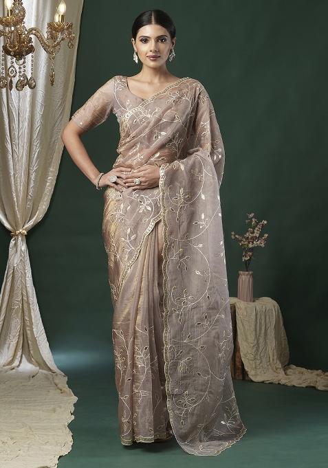 Beige Printed Paper Silk Saree Set — view on Indya