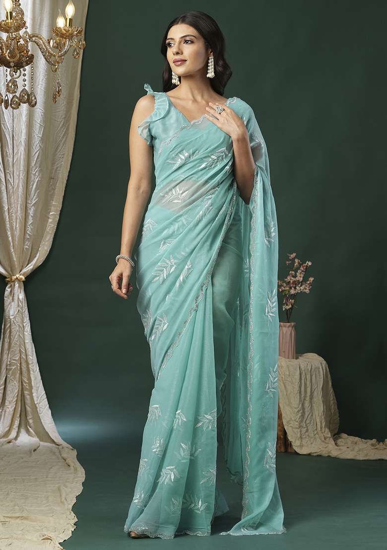 Light Blue Printed Organza Saree Set - Indya