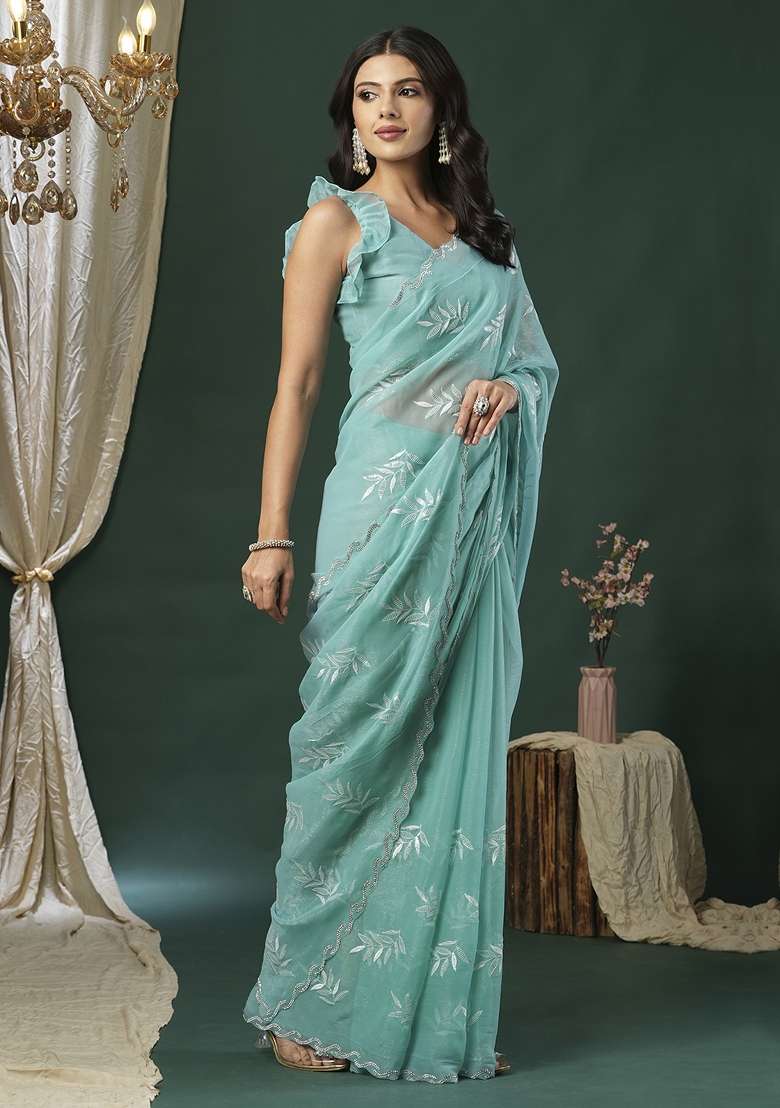 Light Blue Printed Organza Saree Set - Indya