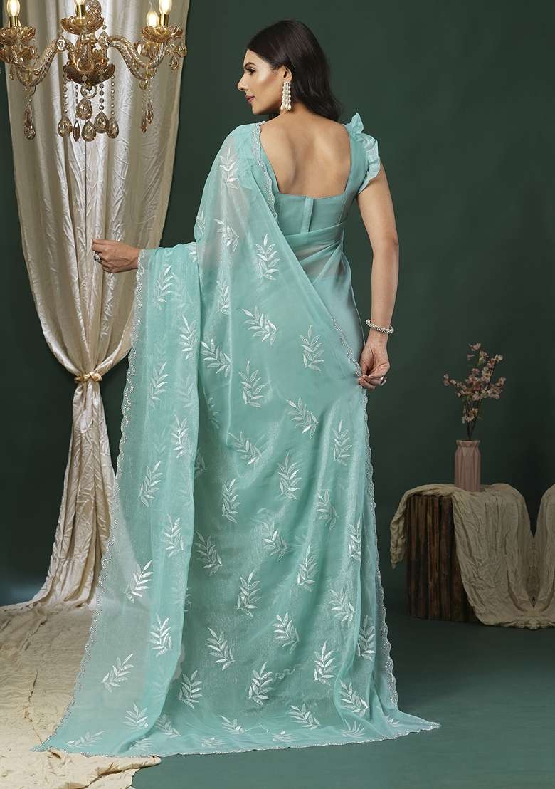 Light Blue Printed Organza Saree Set - Indya