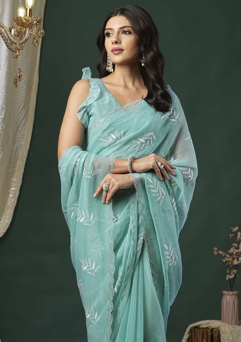 Light Blue Printed Organza Saree Set - Indya