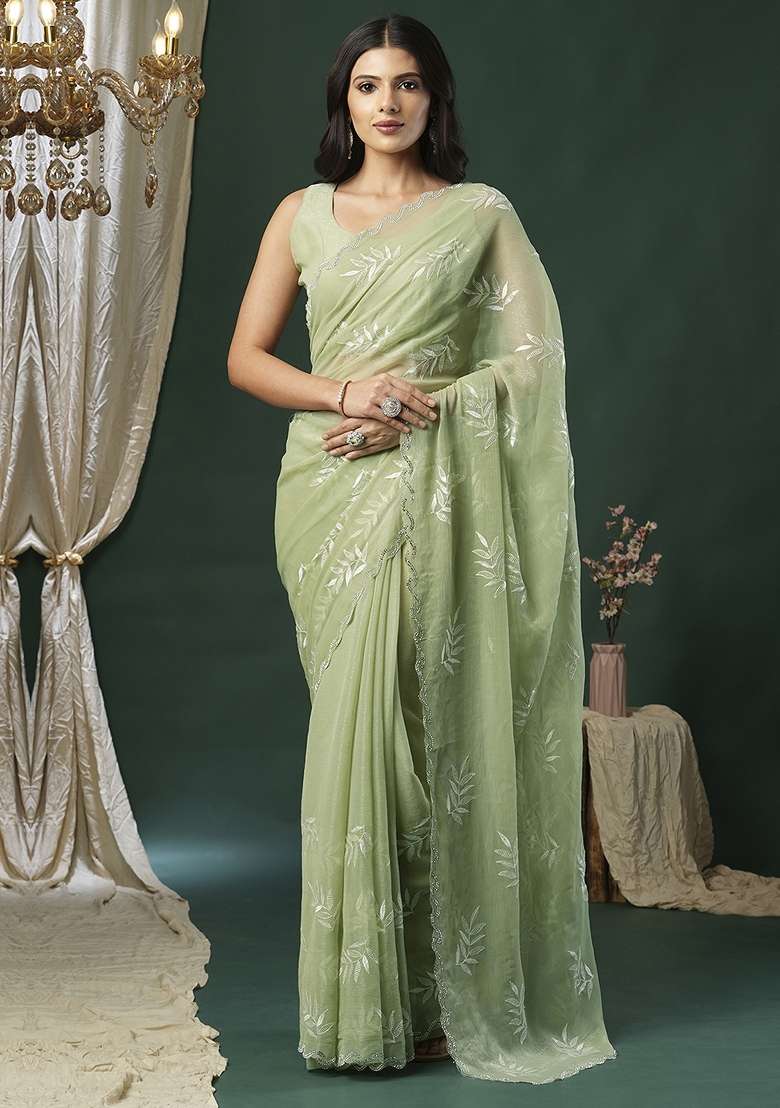 Light Green Printed Organza Saree Set - Indya