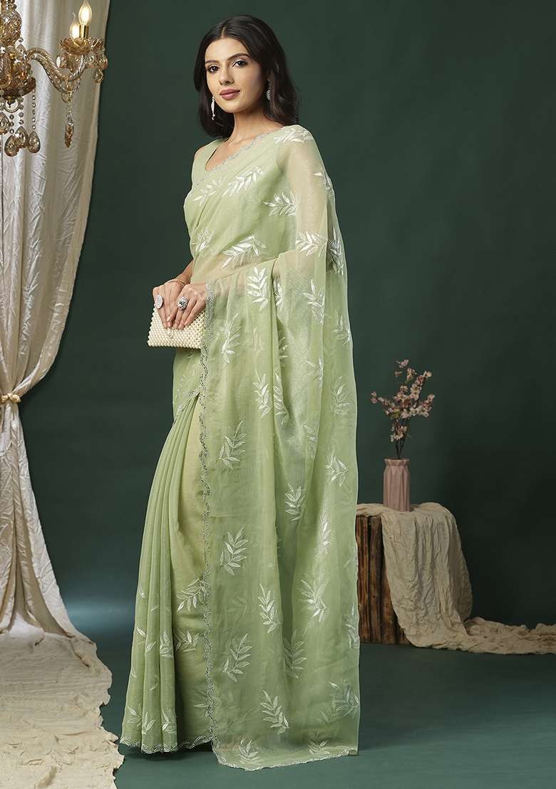 Light Green Printed Organza Saree Set - Indya