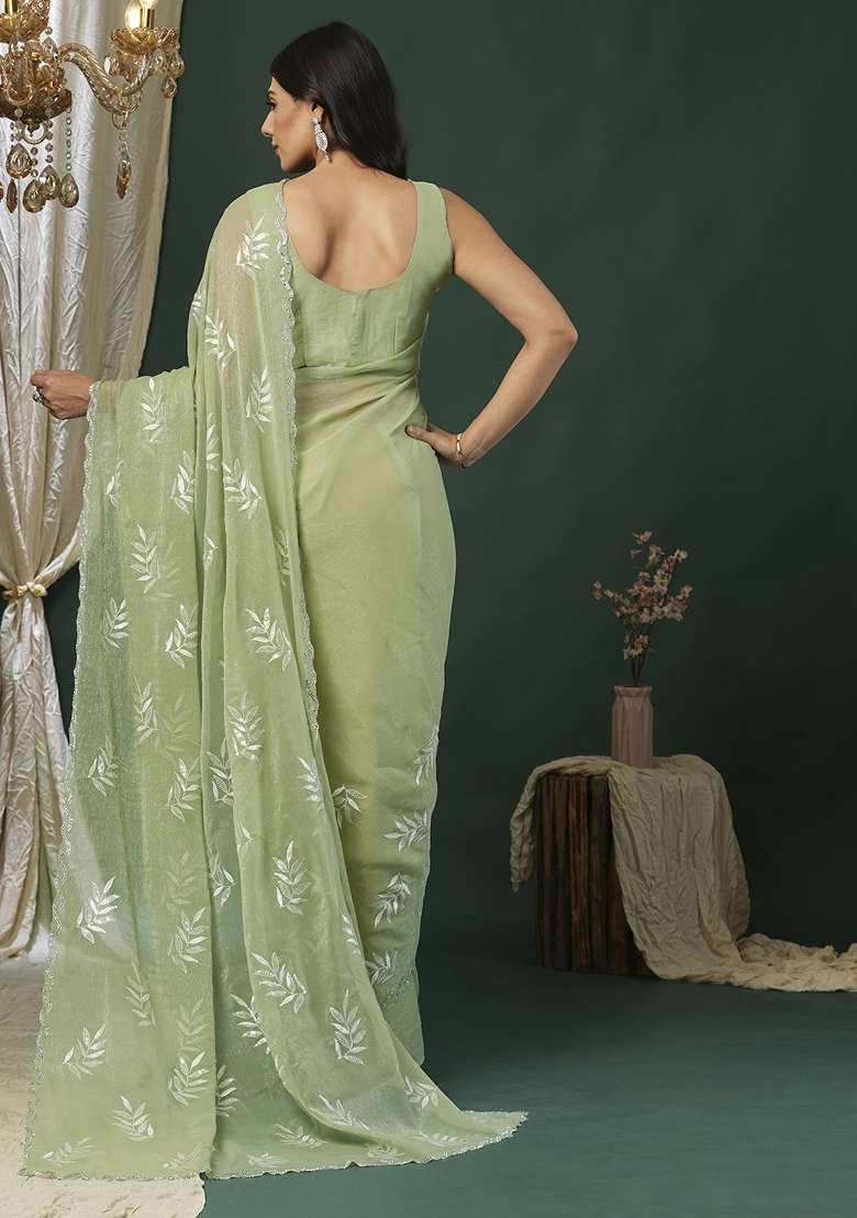 Light Green Printed Organza Saree Set - Indya