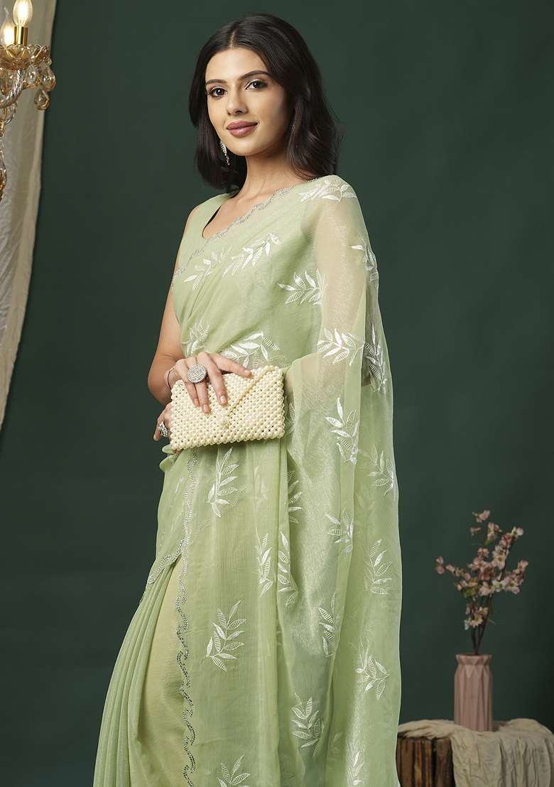 Light Green Printed Organza Saree Set - Indya