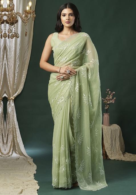 Light Green Printed Organza Saree Set — view on Indya