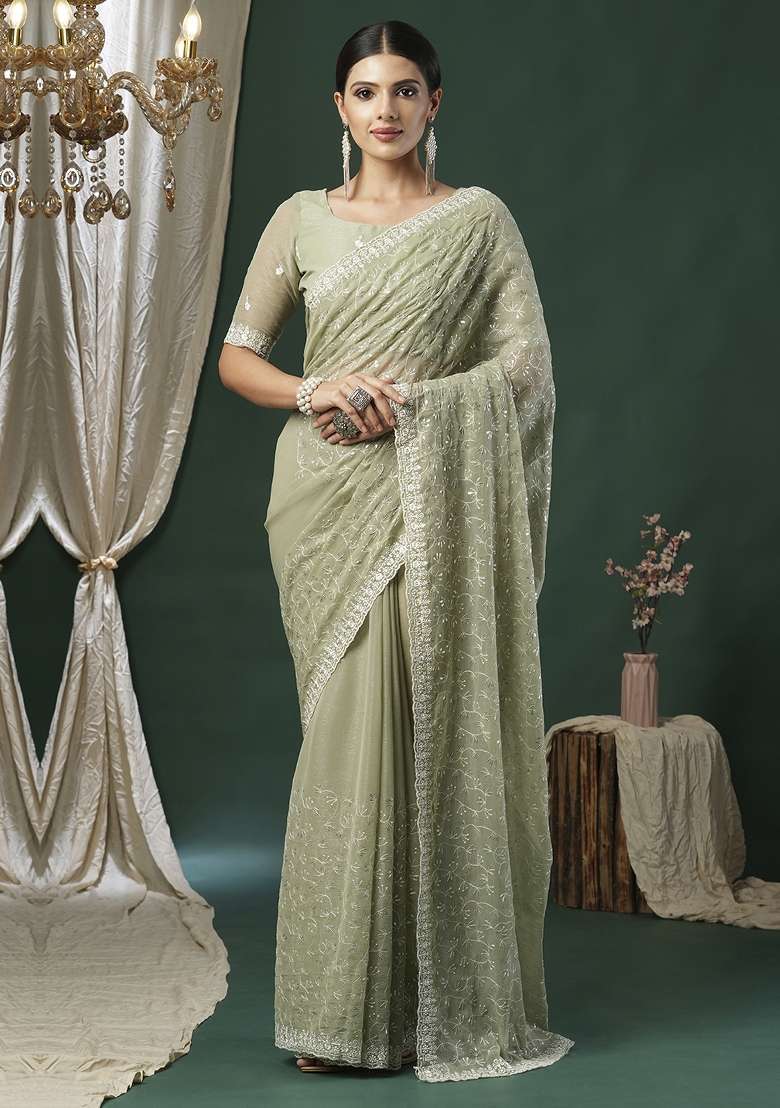 Light Green Printed Georgette Saree Set - Indya