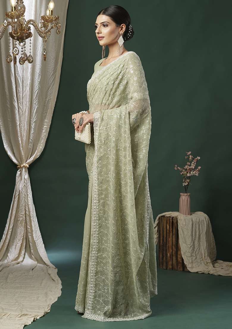 Light Green Printed Georgette Saree Set - Indya