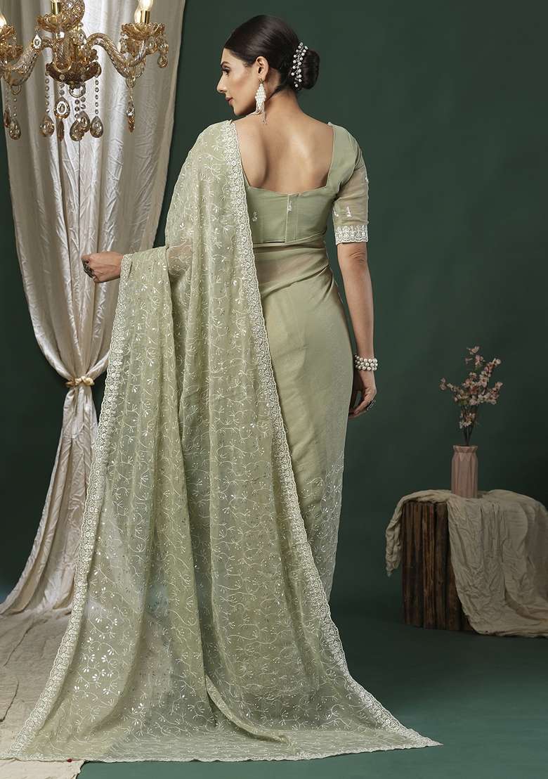 Light Green Printed Georgette Saree Set - Indya