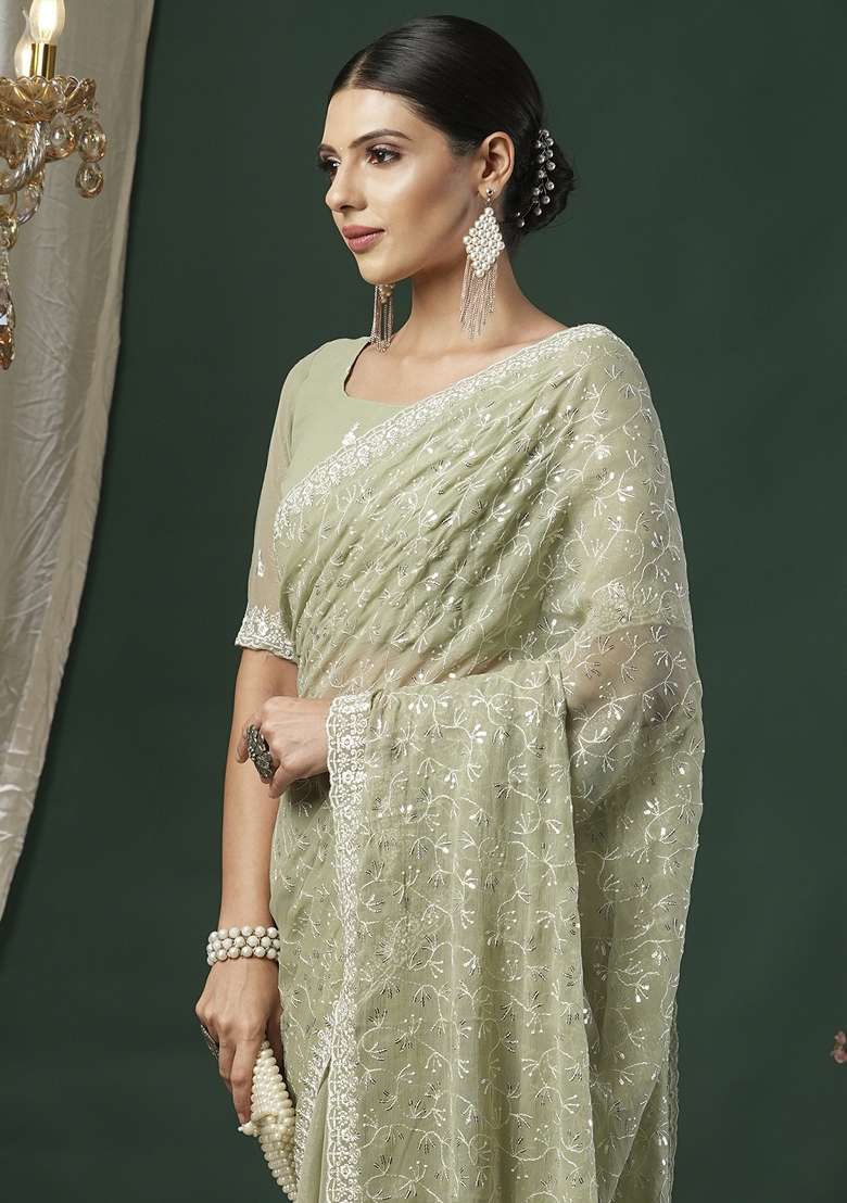 Light Green Printed Georgette Saree Set - Indya