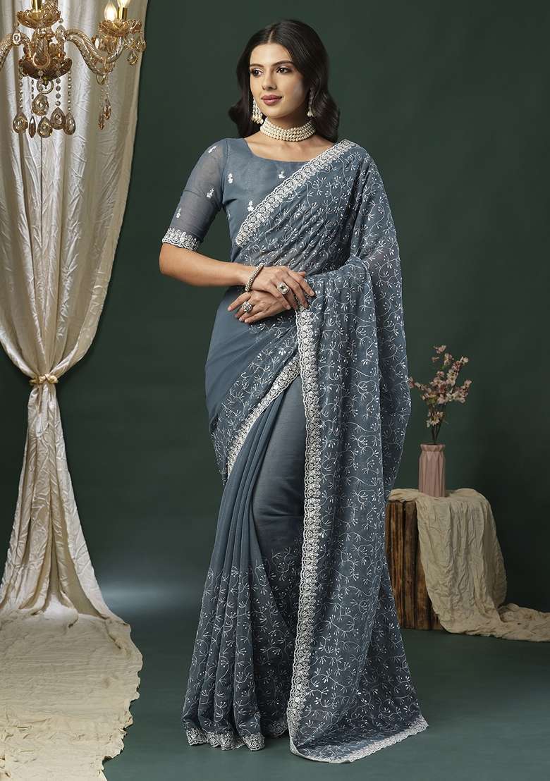 Grey Printed Georgette Saree Set - Indya