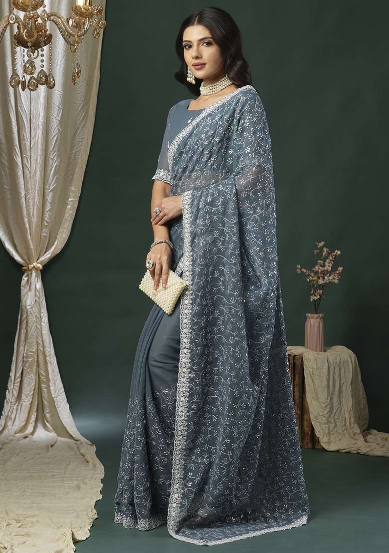 Grey Printed Georgette Saree Set - Indya