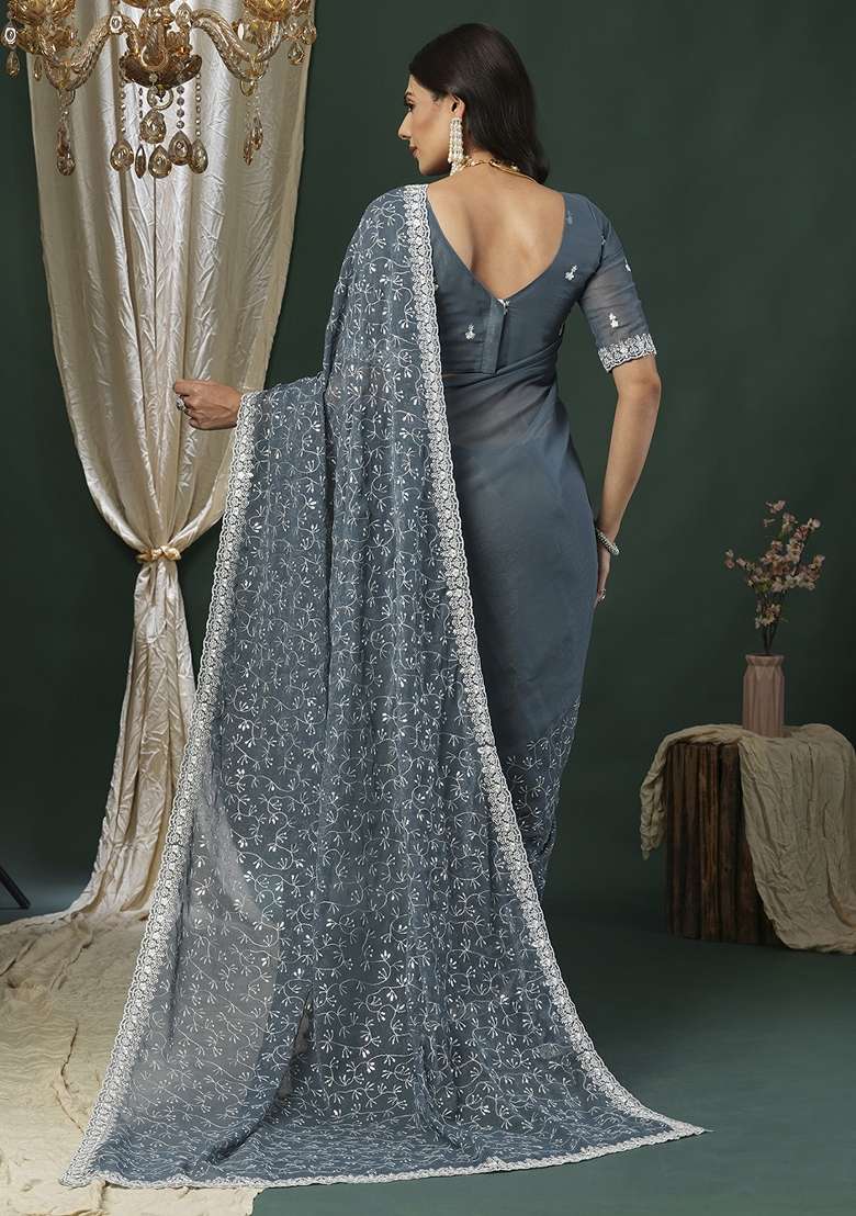 Grey Printed Georgette Saree Set - Indya