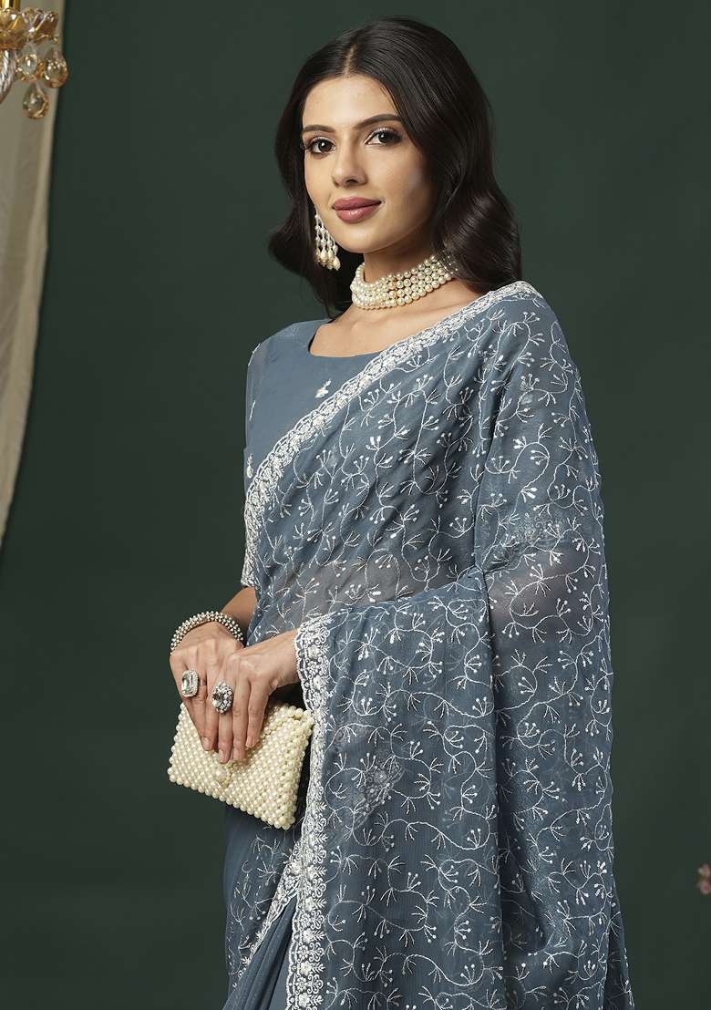 Grey Printed Georgette Saree Set - Indya