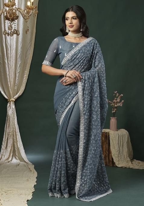 Grey Printed Georgette Saree Set — view on Indya