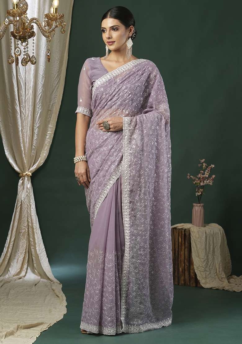 Lavender Printed Georgette Saree Set - Indya