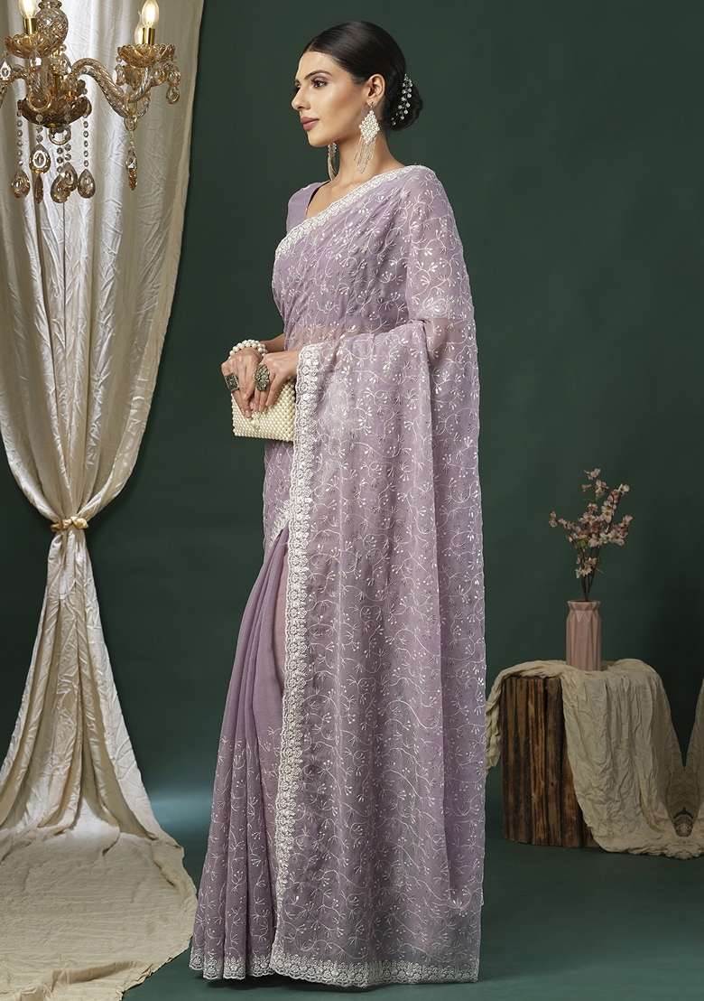 Lavender Printed Georgette Saree Set - Indya
