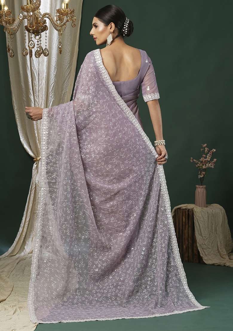 Lavender Printed Georgette Saree Set - Indya