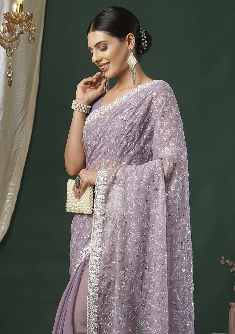Lavender Printed Georgette Saree Set - Indya