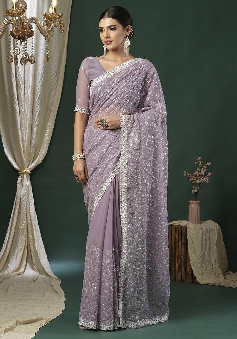 Lavender Printed Georgette Saree Set — view on Indya